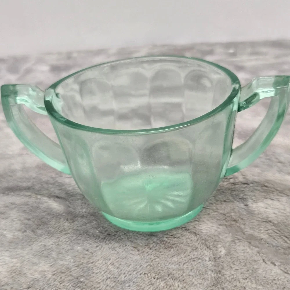 Vintage Green Uranium Glass Sugar Bowl Paneled Double Handle Starburst Base